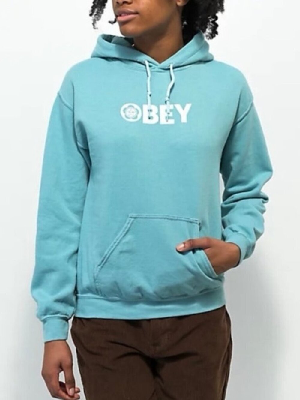 Obey Worldwide Hoodie L Teal Pullover Graphic Streetwear Cotton Blend